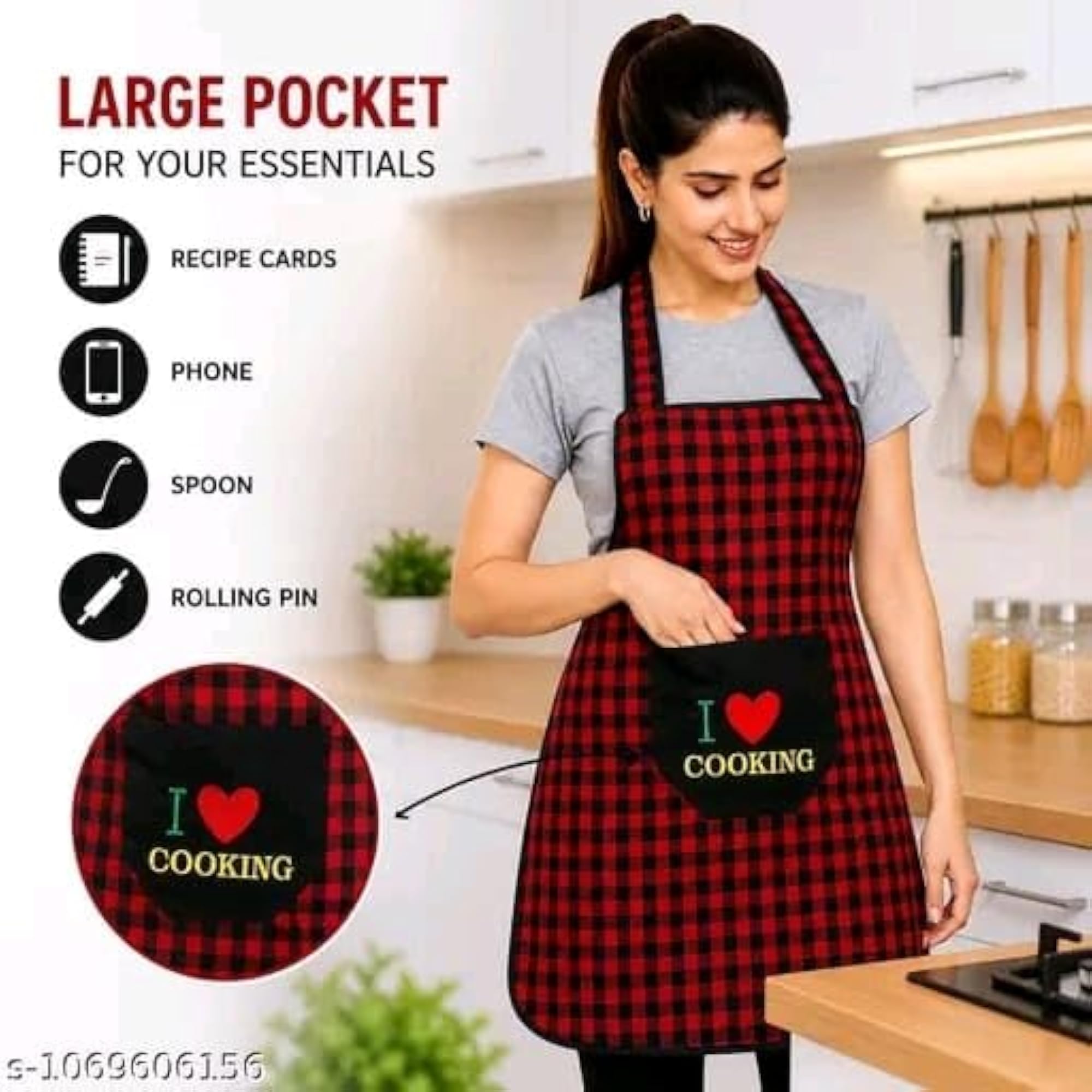 Checkered Kitchen Apron with Pocket, Pack of 2, Black & Red